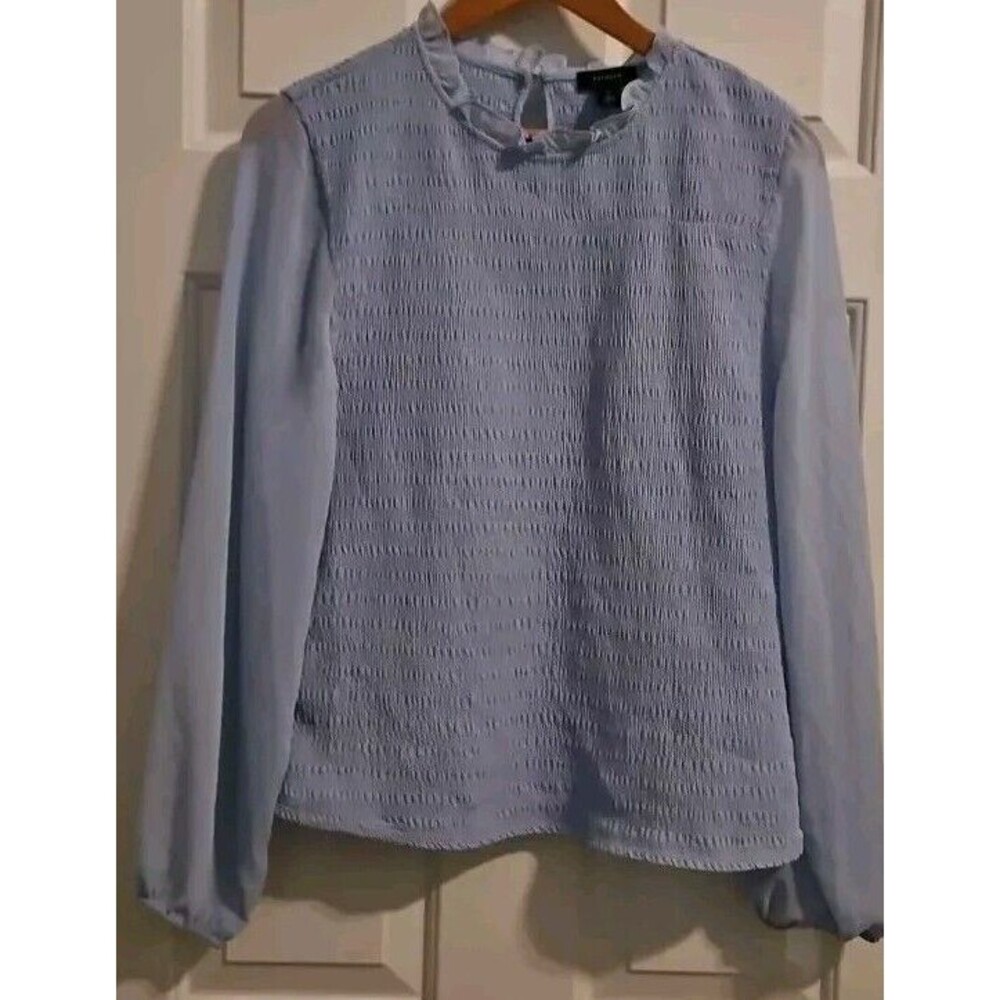 Halogen Sz XL Women's Light Blue Top Ruffle Neck Sheer Long Sleeves Blouse - Picture 7 of 8